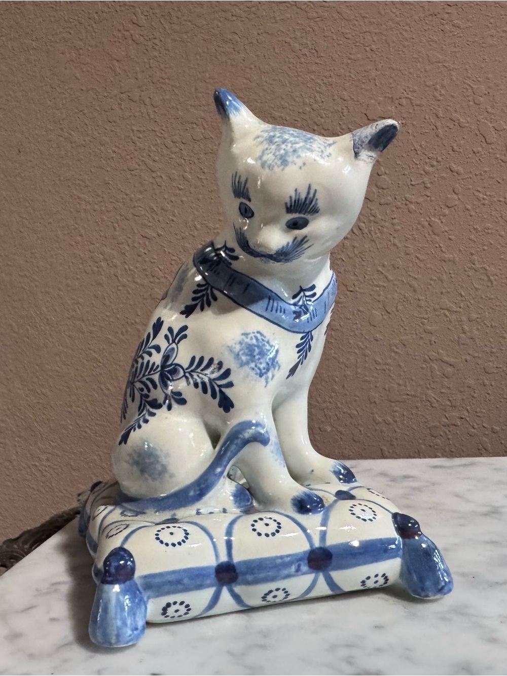 Blue and White Ceramic Cat Sculpture